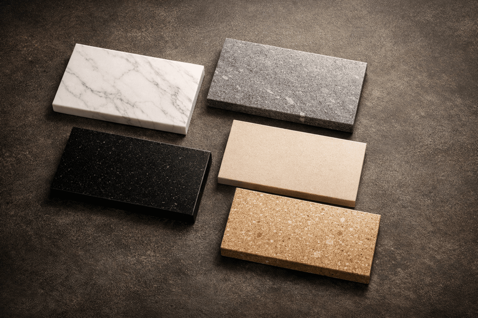 Mostre materiale premium — marmură, quartz, ceramică